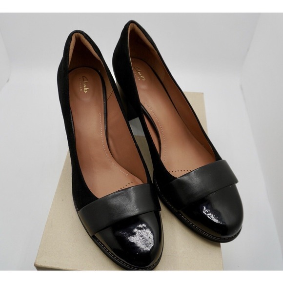 Clarks Farah Brae Black‎ Suede Patent Block Heel Pumps 11 Dark Academia 35-04 - Picture 11 of 14